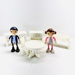 Pottery Barn Hape Modern Family of 2 Wooden Flexible Dolls & Wooden Furniture